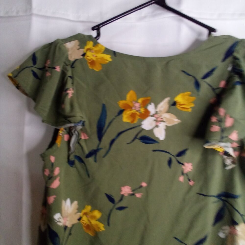 Old Navy Shirt Blouse Women S Short Sleeve Tropical Floral Green - Picture 12 of 14